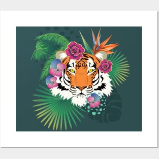 Red tiger head with tropical foliage Posters and Art